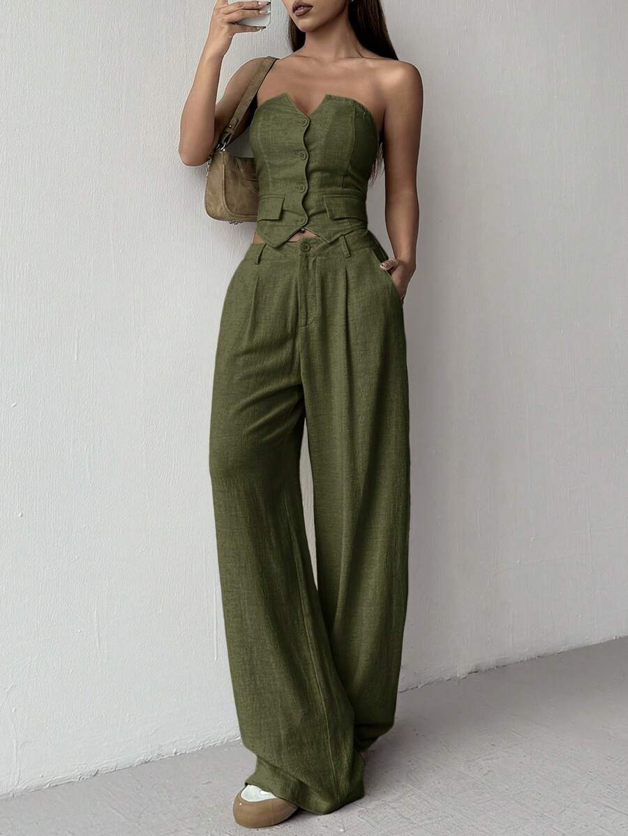 SHEIN EZwear 2pcs/Set Women Casual Solid Color Bandeau Top And Long Pants - Green - View 1