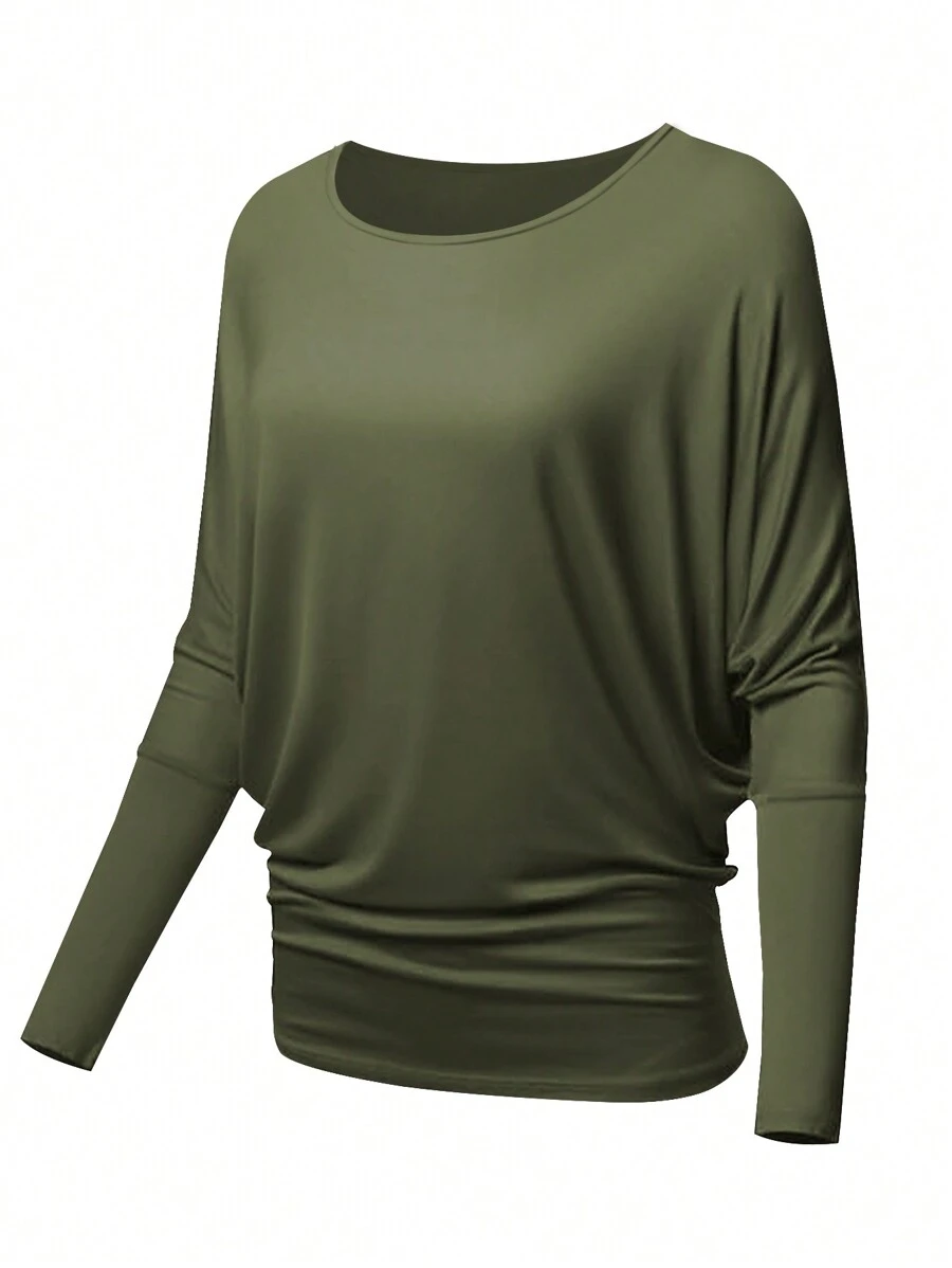 Hanevo Women's Fashionable Loose Fitting Round Neck Batwing Sleeve Side Ruched Long Sleeve T-Shirt - Army Green - View 1