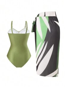 SHEIN Swim Curve Große Größen Badeanzug & Strandrock Set, mehrfarbiger Blume Muster mit Metallakzenten, minimalistischer Alltags- und Strandoutfit für Frauen, Sommerurlaubs-Kleidungsset