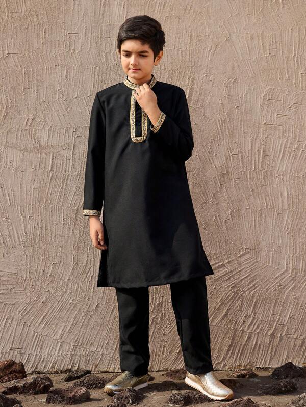 Conjunto de 2 peças de blusa e calça de manga comprida com contraste para meninos pré-adolescentes