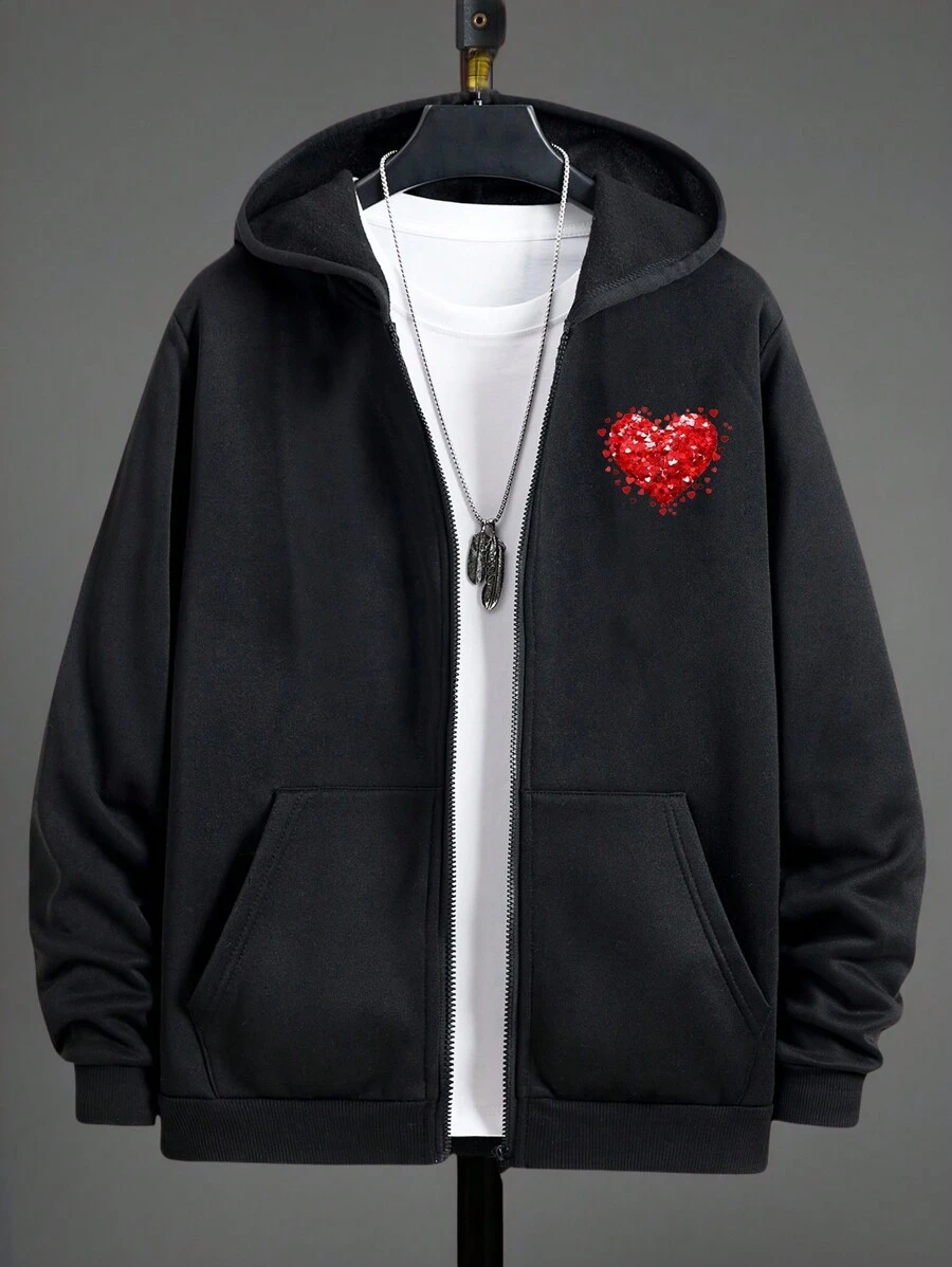 Manfinity VCAY Manfinity ModaGents 男士超大落肩长袖休闲拉链连帽运动衫，适合秋冬季节，情侣款，心形设计，情人节运动衫，情人节礼物，情人节 - 黑色 - 查看 1