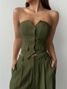 SHEIN EZwear 2pcs/Set Women Casual Solid Color Bandeau Top And Long Pants - Green - View 6