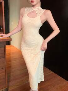 DAZY Lace Collar Hollow Out Mid-Calf Sleeveless Dress For Women Prom Dress Sundress,Dress For Wedding