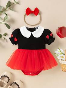SHEIN Baby Girls Polo Collar Heart Print Short Sleeve Mesh Romper With Bow Headband, Fashion Cute Unique Style - Black - View 1