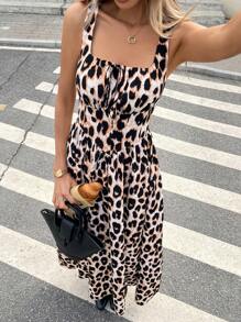 SHEIN Frenchy Women's Leopard Print Front Tie Sleeveless Dress Summer Cheetah Casual - Multicolor - View 1