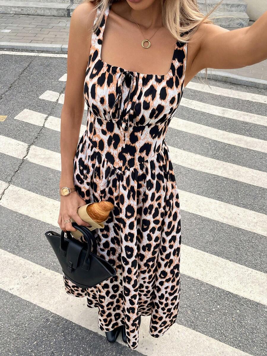SHEIN Frenchy Women's Leopard Print Front Tie Sleeveless Dress Summer Cheetah Casual - Multicolor - View 1