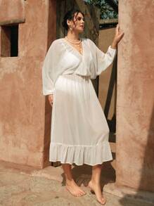 Swim Chiccia Plus Size Women's Elegant V-Neck Lantern Sleeve Pullover Summer Beach Vacation Cover-Up - White - View 5