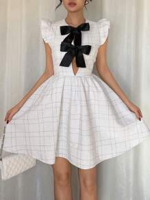 Chiquease 法式优雅春夏新款蝴蝶结腰修身A字盖袖女式连衣裙，随机花卉印花