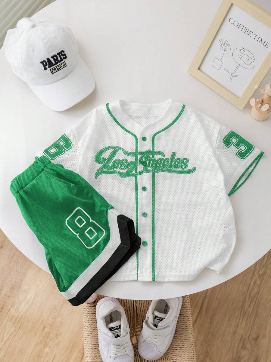 2pcs/Set Young Boys Loose Letter & Number Graphic Print Shirt And Shorts Set, Sportswear