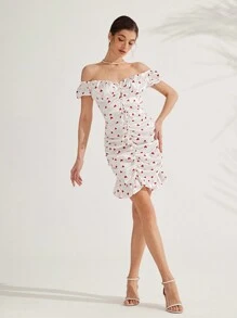Femmeiva Women's Elegant French Heart Print Off Shoulder Ruched Glossy Satin Short Dress,White And Red Summer Boho Vacation Fashionable Picnic Waist Fitting - White - View 2