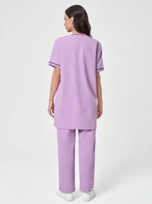 Scrubzie 2pcs/Set Women Wrinkle Resistant Loose V-Neck Contrast Color Long Top & Long Pants /Nursing Scrub Uniform - Purple - View 2