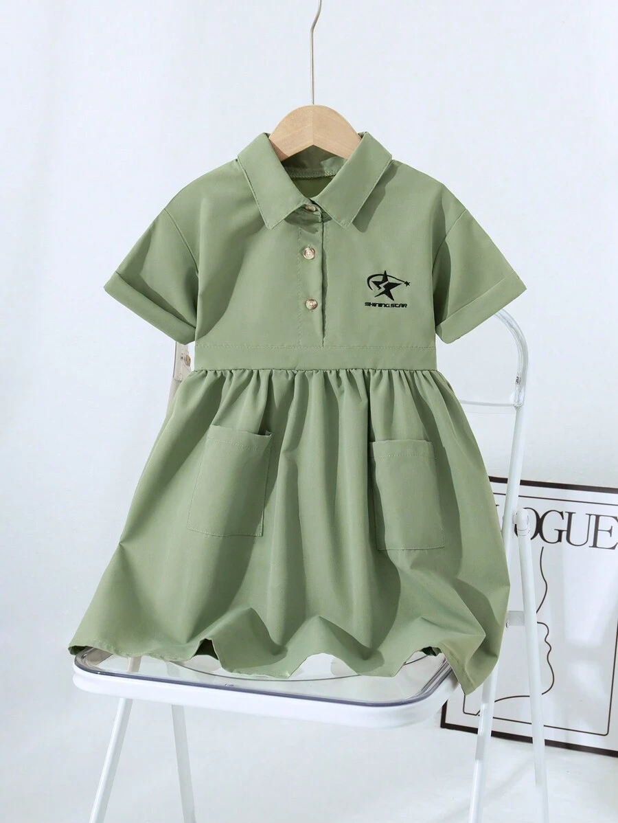 SHEIN Vestido informal tipo cargo con bordado en el cuello, estilo vestido de verano de manga corta, elegante y de moda, con bolsillos, para niñas, 2025 - Verde - Ver 1