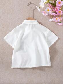 年轻女孩休闲可爱蝴蝶结和猫咪印花衬衫，适合节日、派对、夏季 - 白色 - 查看 2