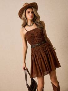 Poéselle 女式纯色褶皱单排扣吊带背心短裙、波西米亚风、女士夏季服装、女士度假服装、女士西部服装、女士演唱会服装、女士乡村服装、波西米亚风女装 - 棕色 - 查看 5