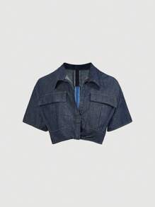 SHEIN EZwear V 领性感女式牛仔短袖短款上衣，蓝色 - 淺色水洗藍 - 查看 1