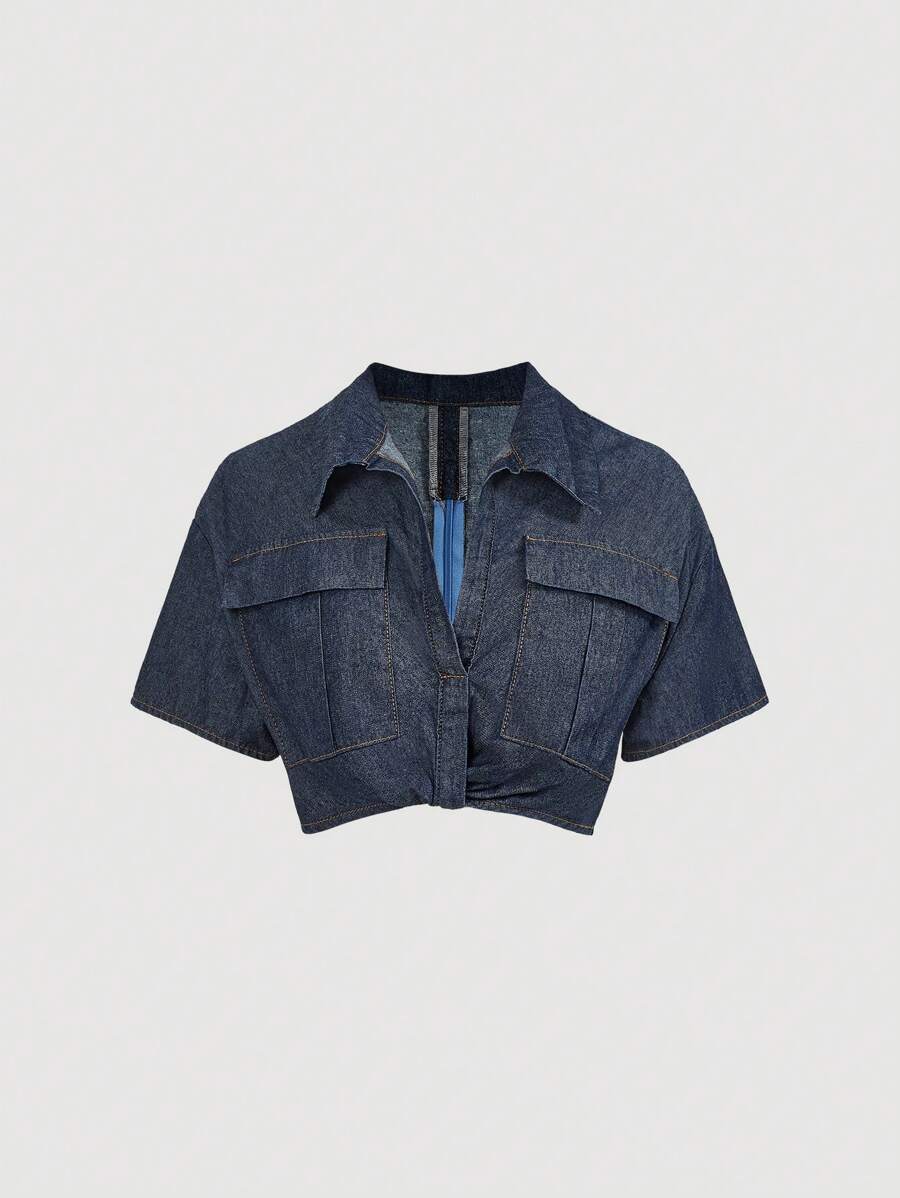 SHEIN EZwear V 领性感女式牛仔短袖短款上衣，蓝色 - 淺色水洗藍 - 查看 1