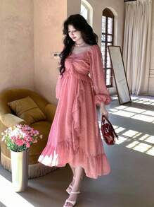 DAZY Women's Midi Ruffle Trim & Floral 3D Applique Halter Neck Dress Prom Dress,Casual Women Dresses,Fall Dress Long Sleeve Dress - Pink - View 6