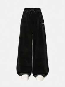 Tween Girls' Simple Letter Embroidered Casual Wide Leg Pants - Black - View 3