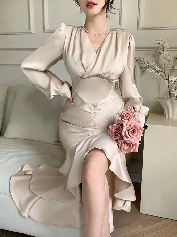 Solid Color V-Neck Gathered Puff Sleeve Asymmetrical Fishtail Midi Dress For Women,Ruffle,Fall Dress Long Sleeve Dress