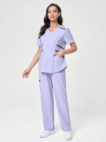 Scrubzie 2pcs V-Neck Wrinkle-Resistant Contrast Color Women Healthcare Scrub Uniform Top And Pants Set Scrub Sets For Women - Mauve Purple - View 8