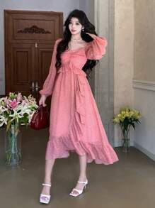 DAZY Women's Midi Ruffle Trim & Floral 3D Applique Halter Neck Dress Prom Dress,Casual Women Dresses,Fall Dress Long Sleeve Dress - Pink - View 8