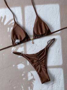 Swim Basics Bikini estivo da donna Springbreak in colore unito con pendente metallico e schiena aperta, costume da bagno sexy con perizoma