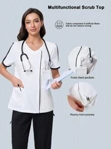 Scrubzie Anti-Wrinkle, Black And White Splice V-Neck Women's Scrub Uniform Top - Black and White - View 1