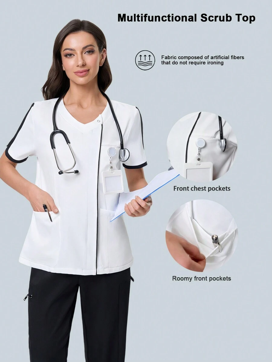 Scrubzie Anti-Wrinkle, Black And White Splice V-Neck Women's Scrub Uniform Top - Black and White - View 1