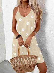 EMERY ROSE Women's Daisy Floral Print Casual Loose Strap Dress
