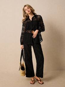 Poéselle 2 Stücke/Set Damen elegante Bluse mit Spitzeneinsätzen und Lange Hose, Anzug für Urlaub, Urlaubsoutfit Damen, Zweiteiler für den Urlaub, geeignet für Alltag, Straße, Dates, Pendeln, Zuhause und andere Anlässe zum Tragen