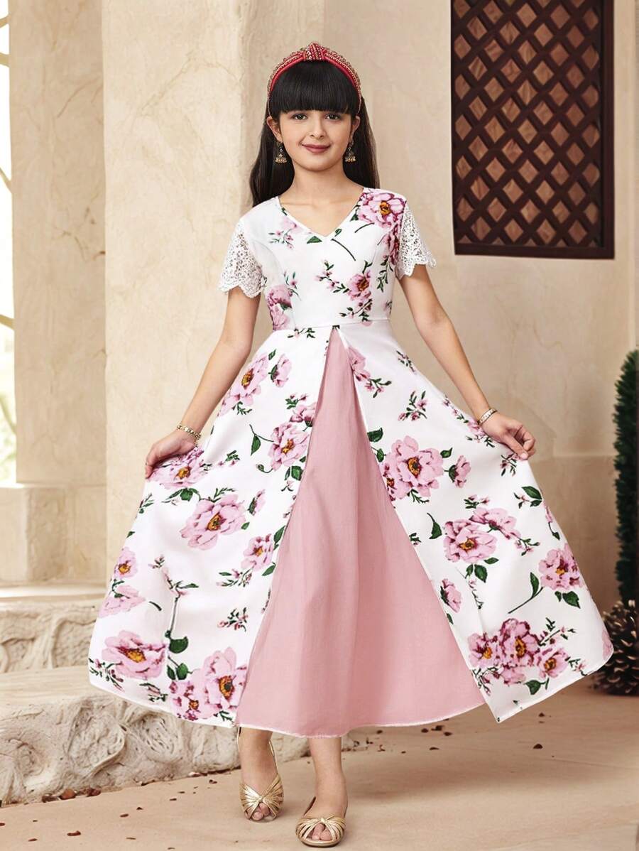 SHEIN Tween Girl Splice Floral Print Lace Trimmed Maxi Dress With Side ...
