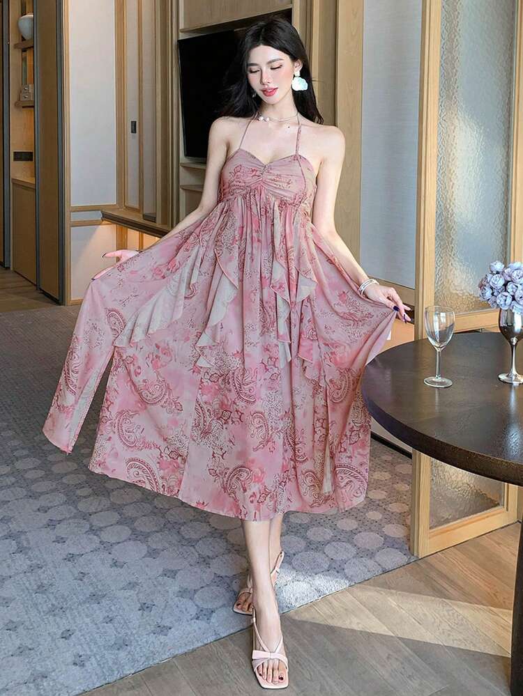 Midi Dress For Women With All Over Flower Print & Ruffle Hem, Sleeveless Cruise Outfit For Women Floral Boho