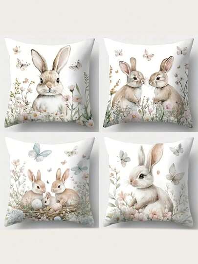 4pcs Easter Bunny & Basket Pattern Throw Pillow Covers, 17.72x17.72 Inches, Zippered Polyester, Suitable For Home, Office And Car Decor - Multicolor