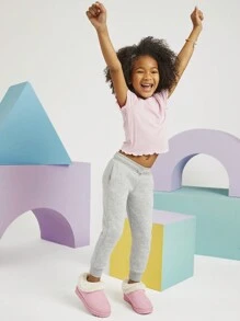 Mini mi Top Seller Kid's Plush White Lining Round Toe Suede Pink Slip-On Slippers - Versatile, Cozy & Comfortable