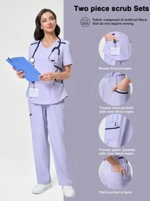 Scrubzie 2pcs V-Neck Wrinkle-Resistant Contrast Color Women Healthcare Scrub Uniform Top And Pants Set Scrub Sets For Women - Mauve Purple - View 9