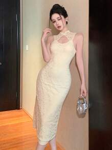 DAZY Lace Collar Hollow Out Mid-Calf Sleeveless Dress For Women Prom Dress Sundress,Dress For Wedding