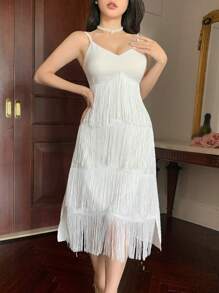 DAZY Vestido de mujer de longitud media con cuello en V sin mangas con flecos, vestido de fiesta, vestido de verano, vestido de graduación, vestido de cóctel - Beis - Ver 6