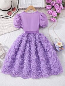 Vestido floral 3D con manga de perla y cinturón para niñas preadolescentes, elegante para el verano - Morado - Ver 3