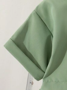 SHEIN Vestido informal tipo cargo con bordado en el cuello, estilo vestido de verano de manga corta, elegante y de moda, con bolsillos, para niñas, 2025 - Verde - Ver 5