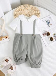SHEIN Newborn Baby Boy Cute 2 In 1 Jumpsuit With Collar, Summer - Khaki - View 1