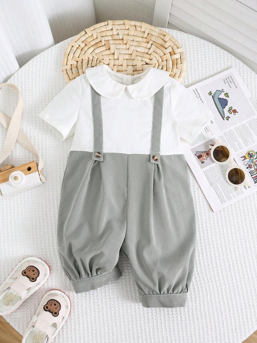 SHEIN Newborn Baby Boy Cute 2 In 1 Jumpsuit With Collar, Summer - Khaki - View 1