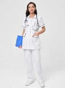 TaskEZ Women's Scrub Uniform Set With Pockets Top And Pants - White - View 8