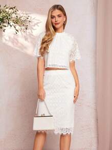 SHEIN Clasi Elegant Women's White Lace Collar Pleated Fringe Top And Hip Hugging Straight Leg Skirt, Suitable For Various Occasions, Spring And Summer Seasons - White - View 2