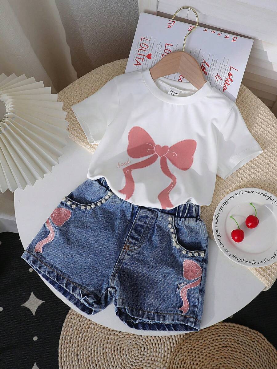SHEIN Playful Pals 2pcs Tween Girls Summer Set, Bow Print Short Sleeve T-Shirt Top + Butterfly Embroidered Shorts, 2 Pieces Outfit Summer Holiday