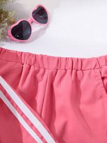 SHEIN 2 件套青少年女孩时尚紫红色上衣和紫红色裤子，休闲装 - 玫紅色 - 查看 4