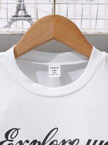 SHEIN Explorewe 青少年女孩两件套休闲风格圆领短袖字母长T恤搭配条纹不对称牛仔裙，适合春夏秋季外出、日常穿着、上学、聚会等各种场合 - 藍色 - 查看 4