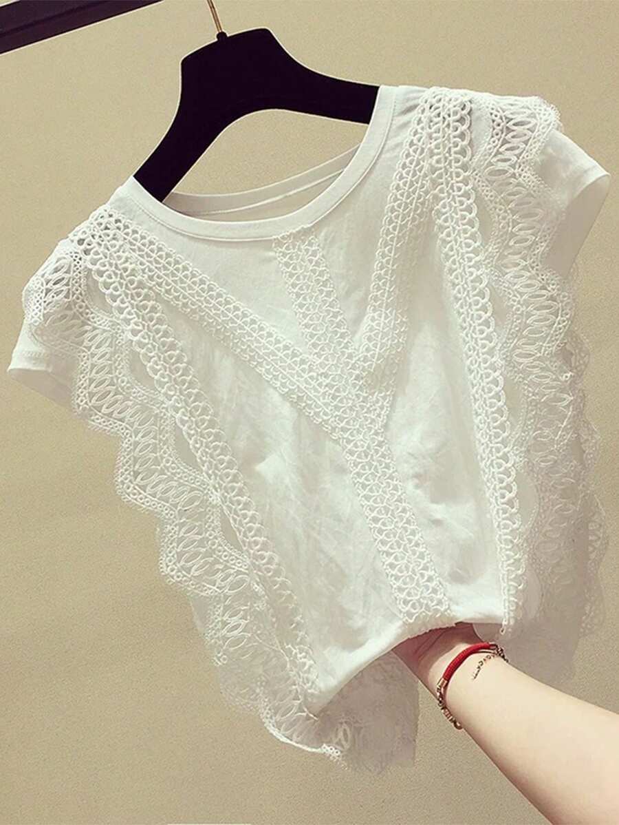 SHEIN LUNE تي شيرت نسائي برقعة من الدانتيل الأبيض عصري للصيف - أبيض - مشاهدة 1