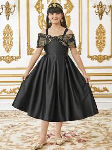 SHEIN Tween Girls' Elegant Print Patchwork Bow Strap Midi Dress - Black - View 9