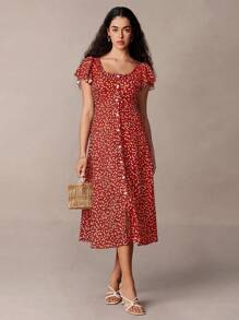 SHEIN Frenchy Women's Heart Print Square Neck Ruffle Sleeve Single-Breasted Casual Dress Summer Christmas New Year Thanks Giving Red