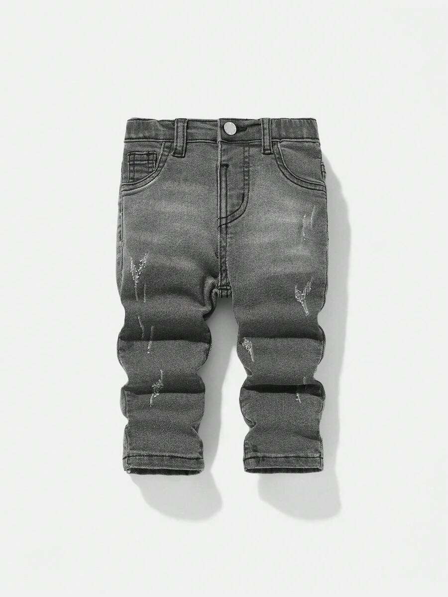 SHEIN Jeans negros de mezclilla elástica suave y cómoda con rotos y mostachos de gato para bebés niños, casuales y versátiles para ropa de otoño/invierno para interiores/exteriores